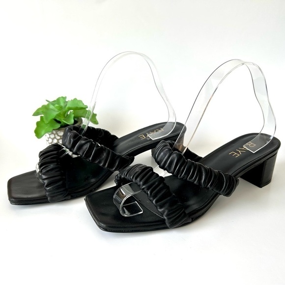 Revolve Raye Posh Sandals Ruched Two Strap Black Leather Block Heel Mule Size 9 - Picture 6 of 14